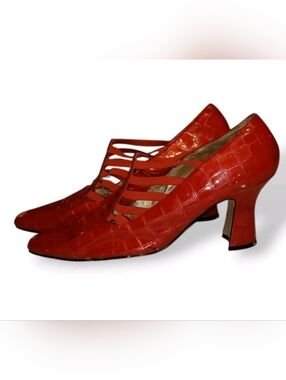 Red Croc-Embossed Strappy Mid-Heel Pumps